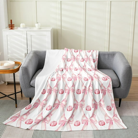 Bowknot Throw Blanket 40x50 Inch for Bedroom,Bowknot Cute Pumpkin Fleece Blanket,Pink Princess Bow Flannel Blanket Luxury Soft,Harvest Pumpkin Bed Blanket