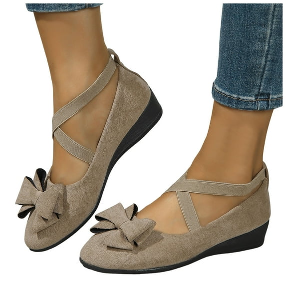 Bowknot Wedge Mid Heels Dress Shoes for Women Fashion Suede Bow Fall Strappy Ballet Flats Dressy Pumps