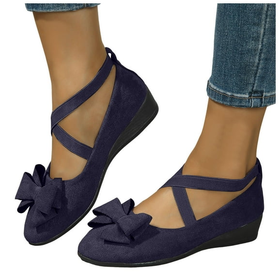 Bowknot Wedge Mid Heels Dress Shoes for Women Fashion Suede Bow Fall Strappy Ballet Flats Dressy Pumps