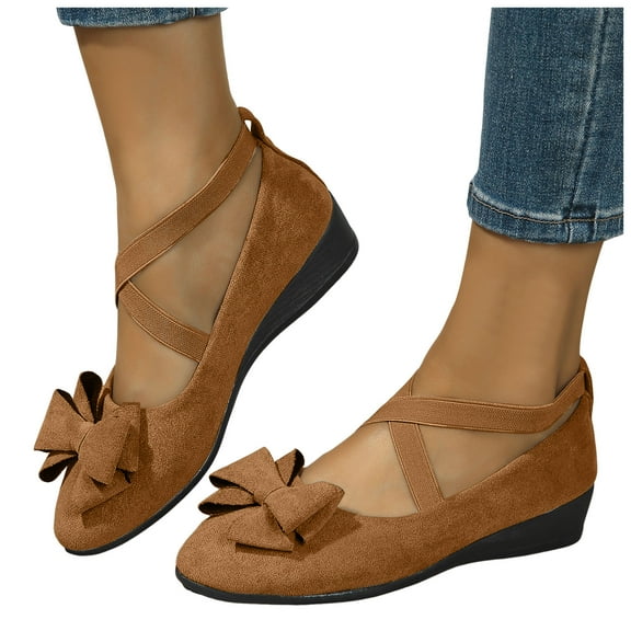 Bowknot Wedge Mid Heels Dress Shoes for Women Fashion Suede Bow Fall Strappy Ballet Flats Dressy Pumps