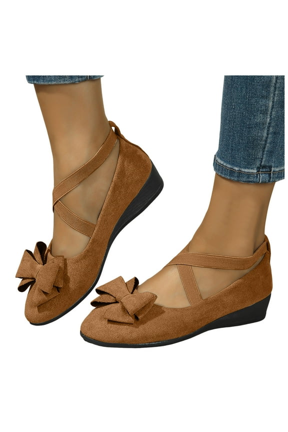 Bowknot Wedge Mid Heels Dress Shoes for Women Fashion Suede Bow Fall Strappy Ballet Flats Dressy Pumps