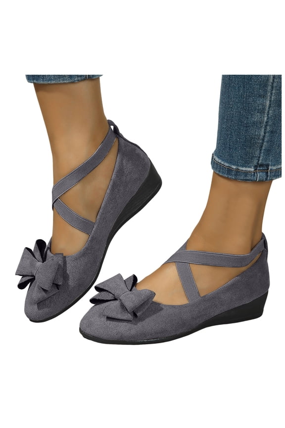 Bowknot Wedge Mid Heels Dress Shoes for Women Fashion Suede Bow Fall Strappy Ballet Flats Dressy Pumps
