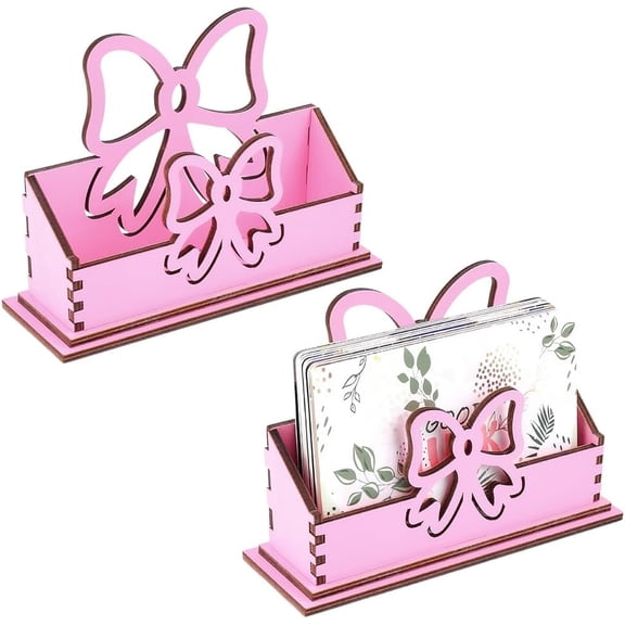 Bowknot Wood Business Card Holder for Desk Business Cards Display Stand Plywood Pink Open Postcard Organizers Holder