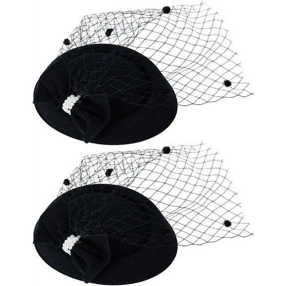 Bowknot Wool Felt Fascinators Pillbox Hat with Iron Alligator Hair Clips Headwear with Veil for Girls and Women Black 135~140x160~165x48mm