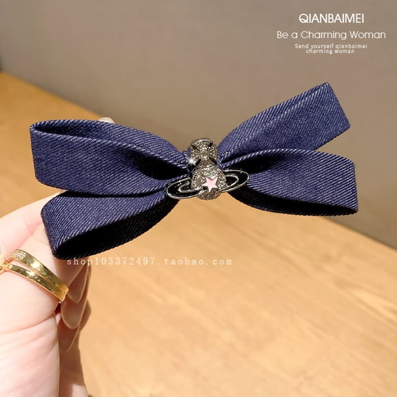 Bowknot duckbill clip denim fabric high-end sparkling side clip Korean-style hairpin versatile retro fashion