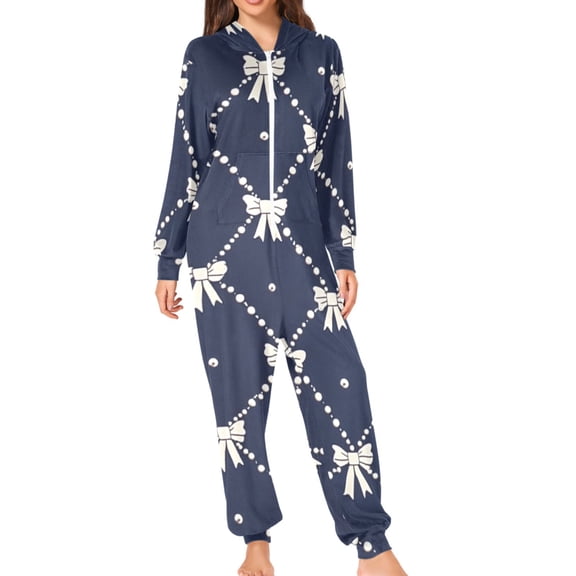 Bowknots and Pearls Adult's Hoodie Onesie Jumpsuit One-Piece Pajamas with Zipper Unisex for Holiday L
