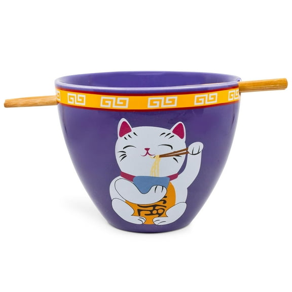 Bowl Bop Purple Lucky Cat Japanese Dinner Set | 16-Ounce Ramen Bowl, Chopsticks