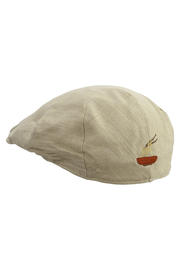 Bowl Of Noodle Embroidered Men's Linen Summer Ivy Cap - Khaki S-M