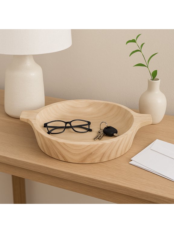 Round Paulownia Wood Bowl with Handles for Home Decor - Decorative Bowl for Bedroom, Living Room and Entryway - 3", Brown