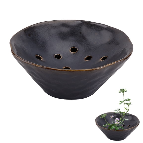 Bowl Shape Ceramic Vase Flower Arranger Ikebana Kenzan Black 134x132x54mm Hole: 7mm DIY