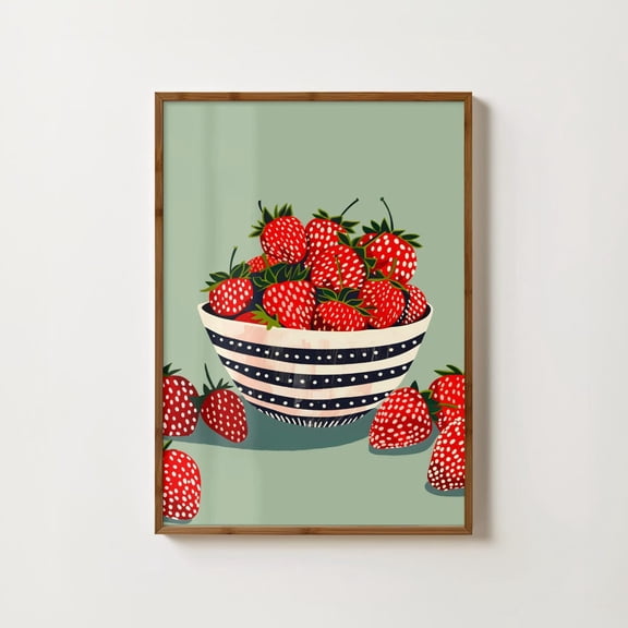 Bowl Of Strawberries Print Strawberry Trendy Kitchen Print Fruit Print Strawberry Art Vegan Wall Art Food Print Cute Cafe Decor Home Decor #1207, Unframed Poster Size 24x36
