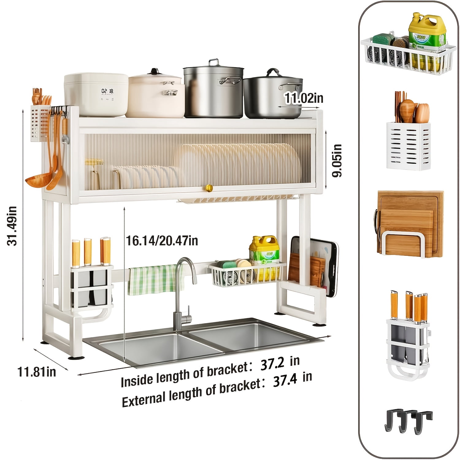 Bowl and dish rack, with three layers of storage shelves above the sink ...