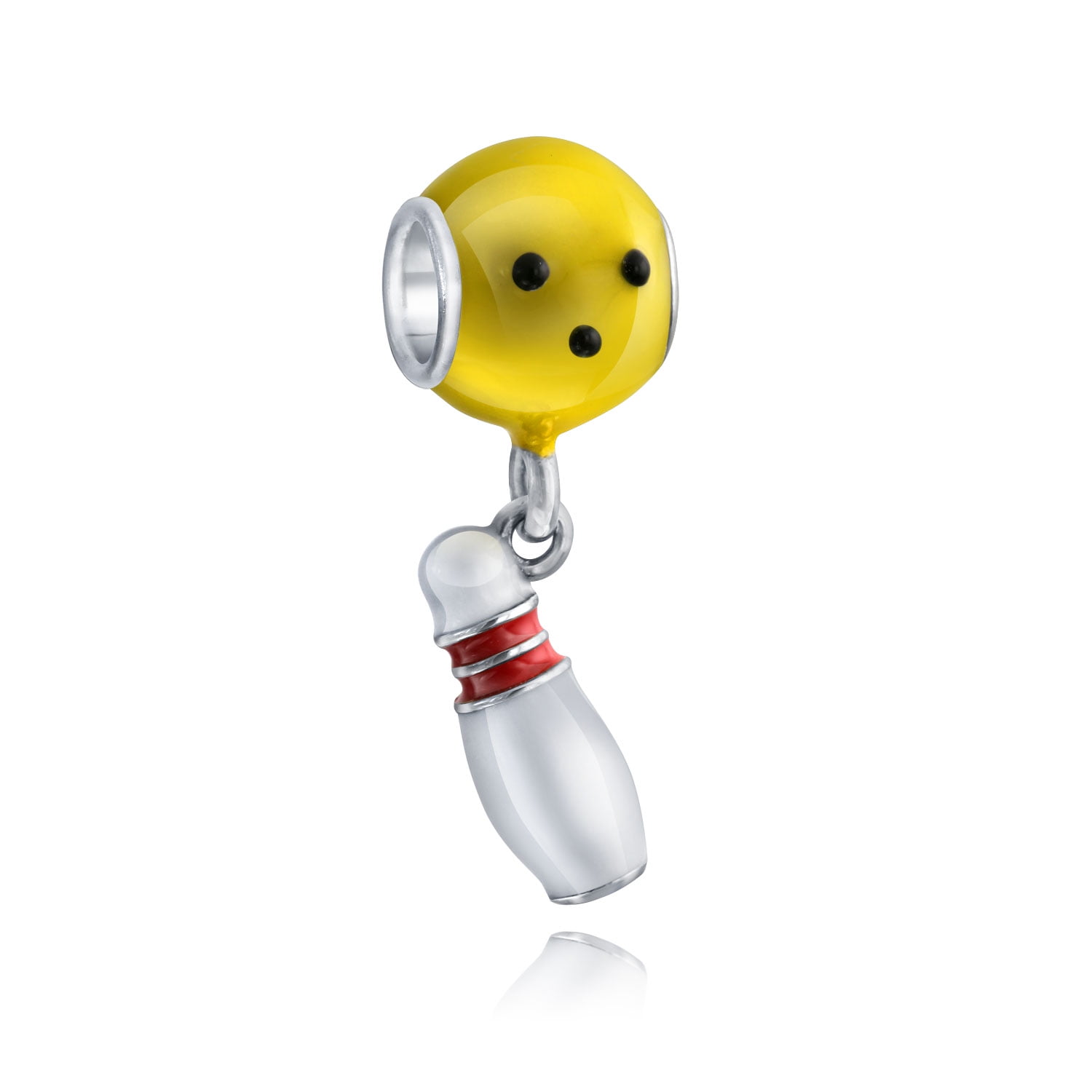Bowler Bowling Ball Pin Sport Dangle Charm Bead .925 Sterling Silver