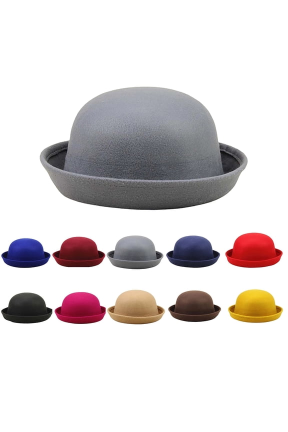 Bowler Hat Vintage Hat for Men and Women Round Cloche Upturn Brim Church Hats Gray One Size