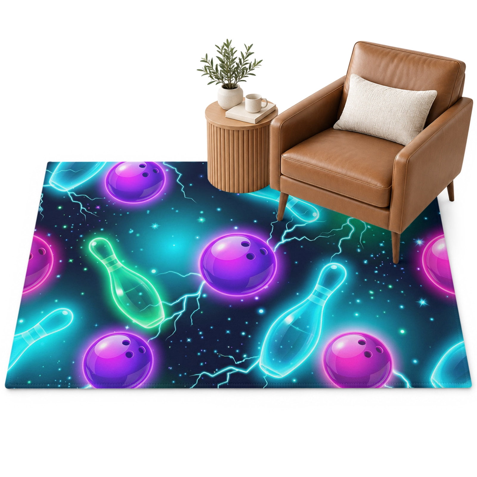 Bowling Area Rug 3'x5', Purple Blue Green Bowling Balls Bottles Sports ...