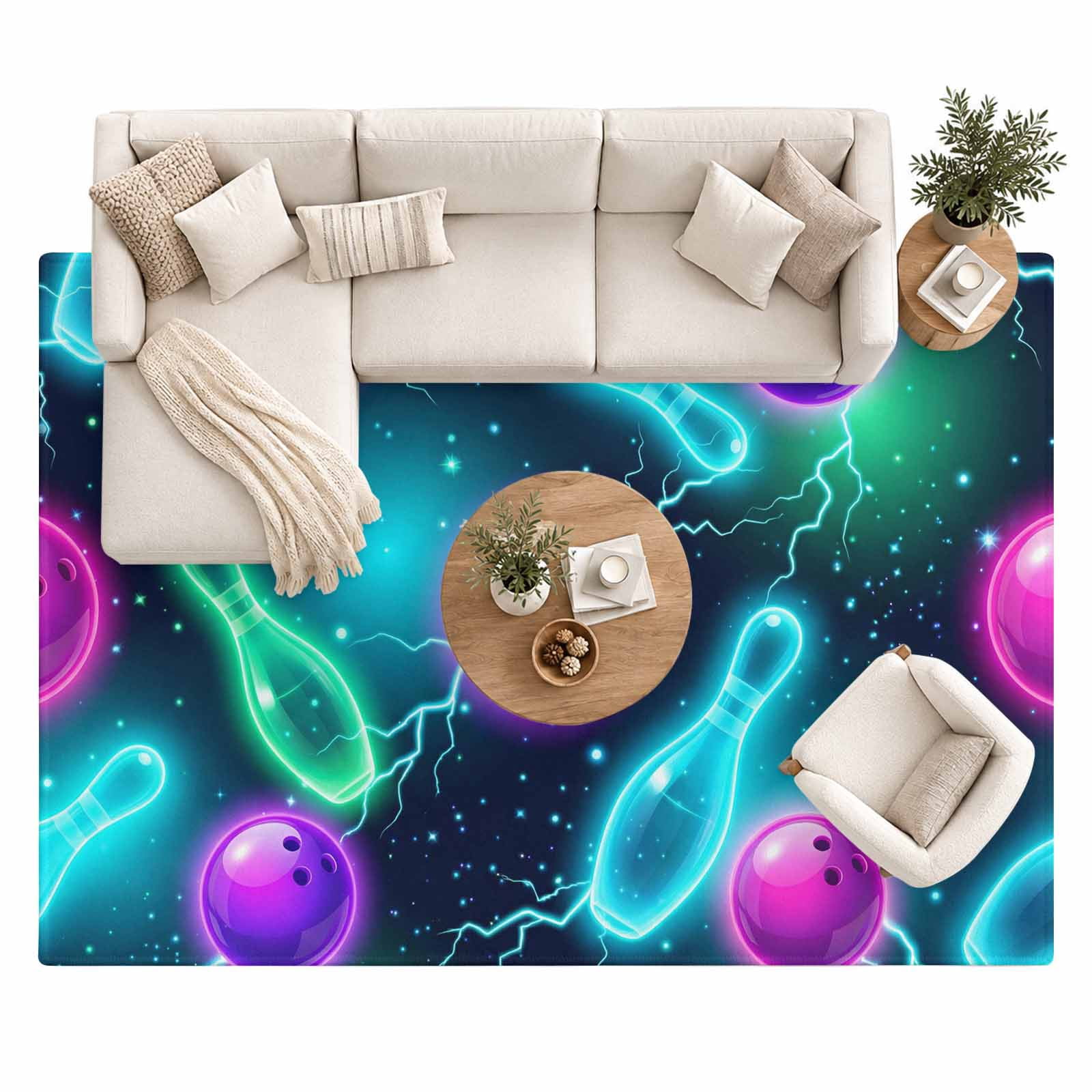 Bowling Area Rug 8'x10', Purple Blue Green Bowling Balls Bottles Sports ...