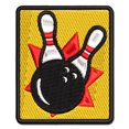 thumbnail image 1 of Bowling Ball Knocking Down Pins Applique Multi-Color Embroidered Iron-On Patch - 2.5 Inch Small, 1 of 5