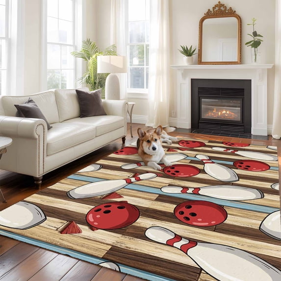 Bowling Balls Area Rugs 5x7 ft Vintage Abstract Red Balls Bottles Wood Grain Washable Rug Non Slip Indoor Carpet Absorbent Floor Mat for Living Room Bedroom Dining Room