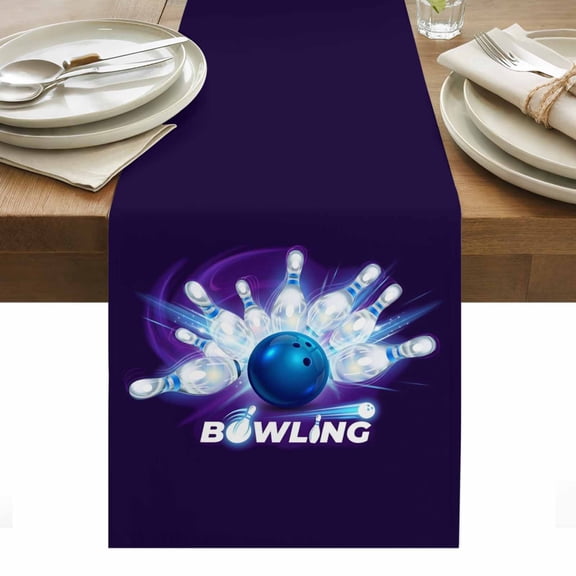 Bowling Balls Table Runner 13 x 36 Inch, Abstract Blue Bowling Ball Bottles Purple Washable Cotton Linen Dining Table Runner Tabletop Decorations for Restaurant Home Kitchen Party