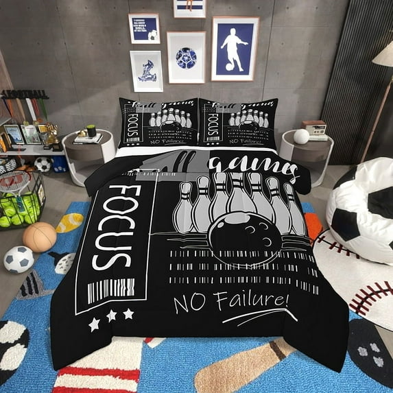Bowling Bedding Set Twin Size Sports Theme Comforter Sets Teens,Black and White Bowling Down Comforter Ball Gaming Quilt Bed Set Room Decor with 1 Pillowcase