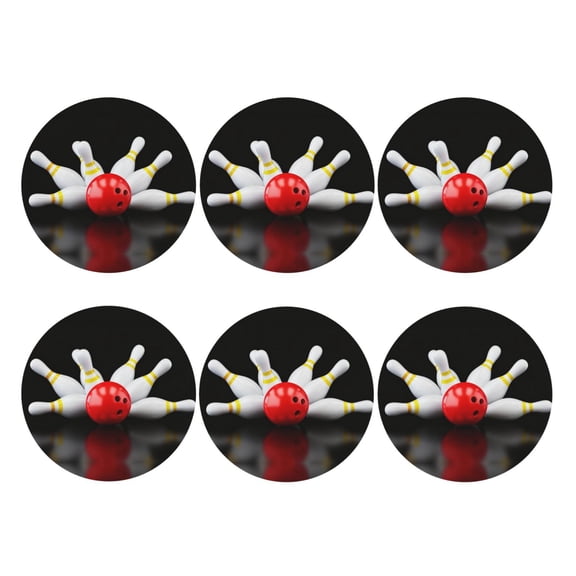 Bowling Bottle Print Leather Drink Coasters for Drinks (6 Pack) for Tabletop Protection Round Shape