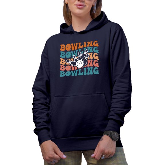 Bowling, Bowler or Sports Themed, Groovy Retro Wavy Text Merch Gift, Navy Blue Hooded Sweatshirt or Hoodie, 3XL