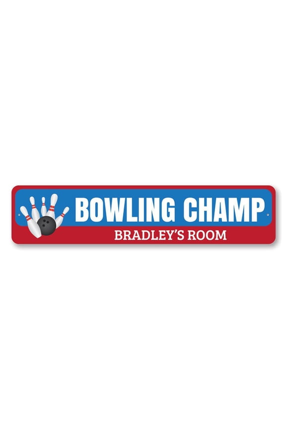 Bowling Champ Sign, Kid Name Room Sign, Custom Bowler Bowling Ball & Pins Sports Lover Aluminum Decor - 4x18 inches