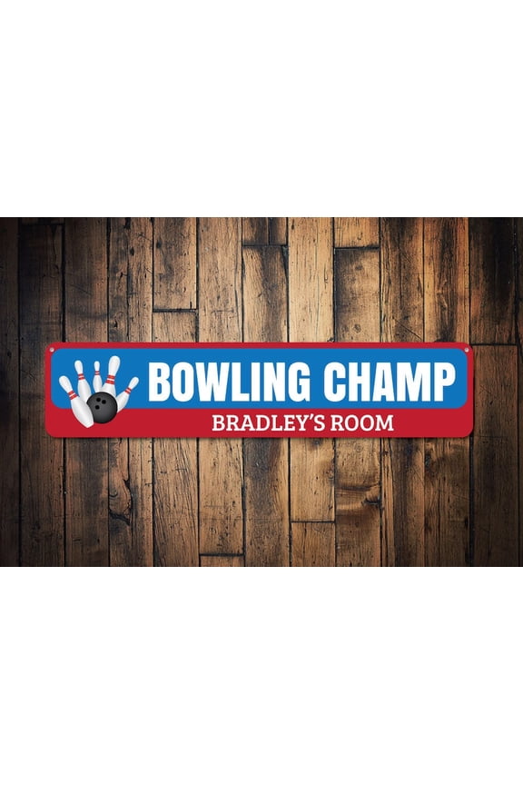 Bowling Champ Sign Kid Name Room Sign Custom Bowler Bowling Ball & Pins Sports Lover Decor - Bowl Decoration - Size: 16 x 4 Inches