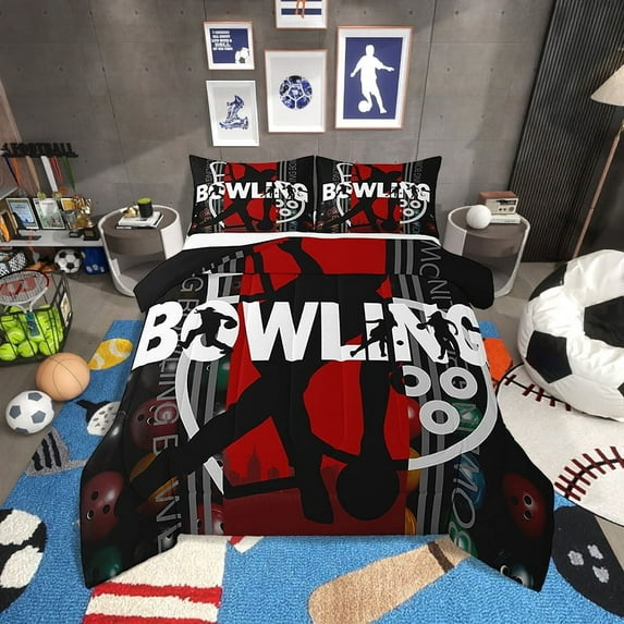 Bowling Comforter&nbsp;Set Sports Themed Bedding Set,Red and Black Bowling Bed Comforter&nbsp;Sets Ball Gaming Quilt Bed Set Bedroom Decor with 1 Pillowcase