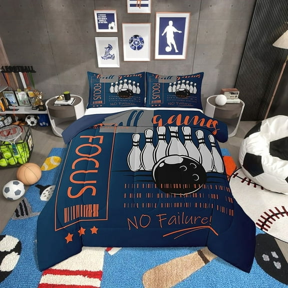 Bowling Comforter Set Twin Size Orange Blue Bowling Bedding Set Teens,Sports Theme Bed Comforter Sets Ball Gaming Quilt Bed Set Bedroom Decor with 1 Pillowcase