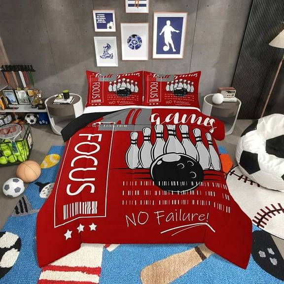 Bowling Comforter Set Twin Size Sports Theme Bedding Sets Teens,Red White Bowling Quilt Bed Set Ball Gaming Bed Comforter Sets Bedroom Decor with 1 Pillowcase