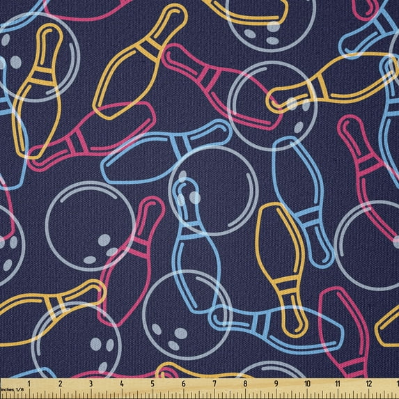 Bowling Fabric by The Yard, Balls Pins and Shoes in Vibrant Colored Outline Style Fun Hobby Activity Theme, Stretch Knit Fabric for Clothing Sewing and Arts Crafts, 3 Yards, Dark Blue, by Ambesonne