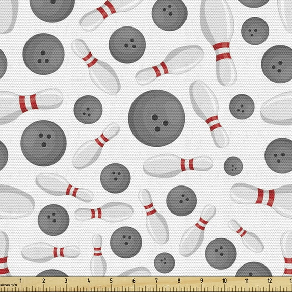 Ambesonne Bowling Fabric by the Yard Upholstery, Scattered Game, 10 Yards, Grey White Red