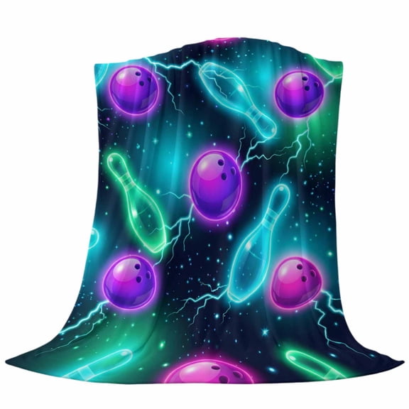 Bowling Fleece Throw Blanket Purple Blue Green Bowling Balls Bottles Sports Black Ultra Soft Fuzzy Cozy Flannel Throw Blanket for Couch Sofa Bed Car Travel, Ideal Gifts 40x50 Inches