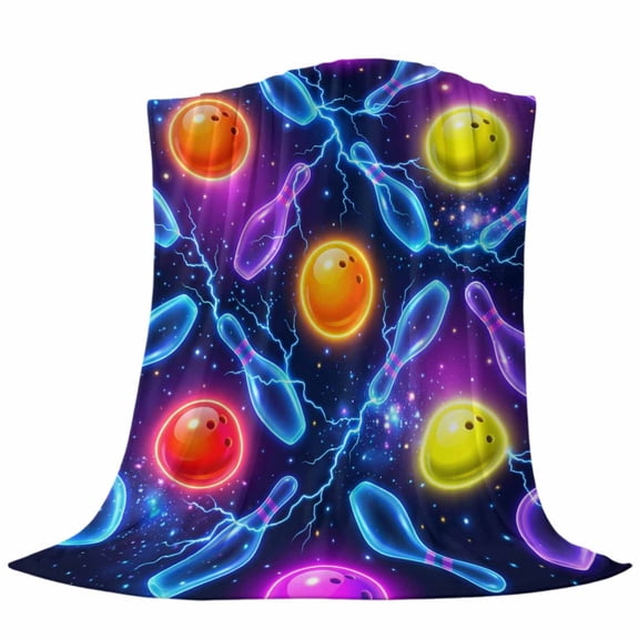 Bowling Fleece Throw Blanket Purple Blue Yellow Bowling Balls Bottles Sports Black Ultra Soft Fuzzy Cozy Flannel Throw Blanket for Couch Sofa Bed Car Travel, Ideal Gifts 40x50 Inches