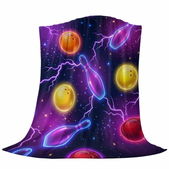 Bowling Fleece Throw Blanket Purple Yellow Red Bowling Balls Bottles Sports Black Ultra Soft Fuzzy Cozy Flannel Throw Blanket for Couch Sofa Bed Car Travel, Ideal Gifts 40x50 Inches