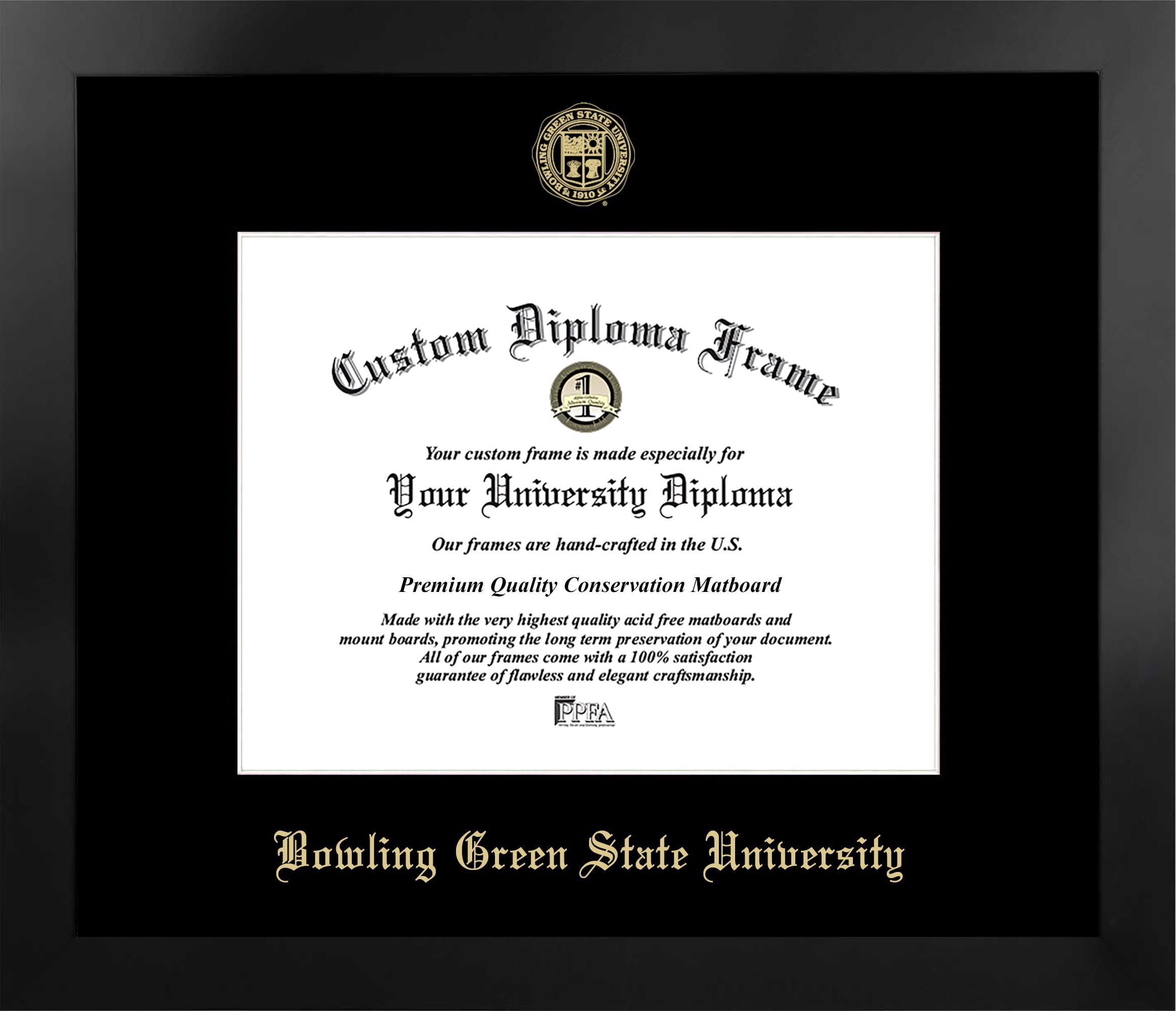 Bowling Green State 11w x 8.5h Manhattan Black Single Mat Gold Embossed Diploma Frame with Bonus Campus Images Lithograph (value savings at $59)