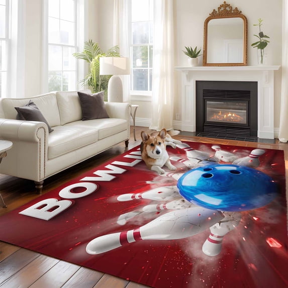 Bowling Large Area Rugs 8x10 ft Vintage Bowling Bottles Ball Red Background Washable Rug Non Slip Indoor Carpet Absorbent Floor Mat for Living Room Bedroom Dining Room