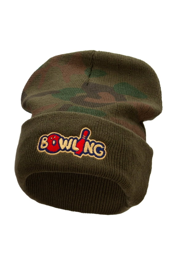 Bowling Letters Embroidered Camo Knit Long Beanie with Cuff - Green OSFM
