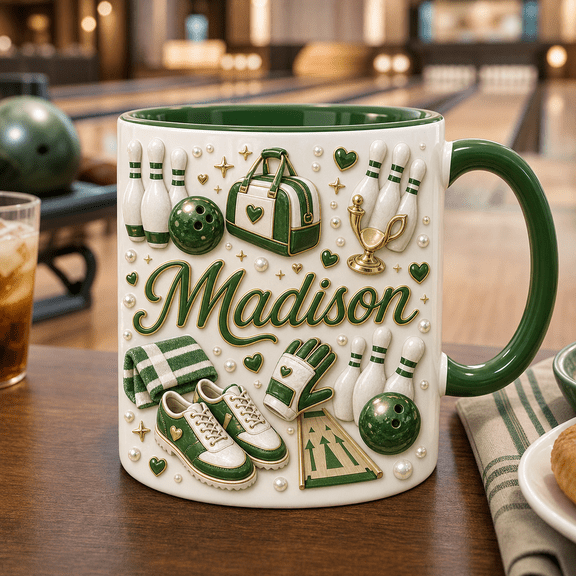 Bowling Lover Mug 3D Personalized Green Bowling Gift for Women