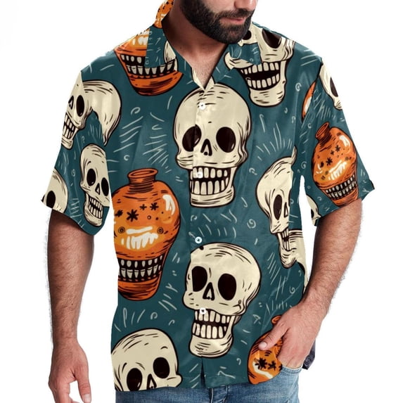 Bowling Men's Casual Poplin Button Down Short Sleeve Hawaiian Beach Shirt