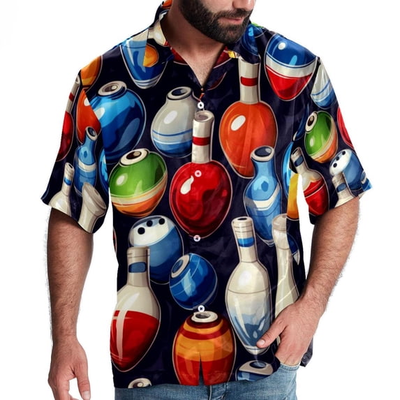 Bowling Men's Short Sleeve Shirts, Casual, Printed, Button Down, Beach Shirt - Spread Collar Tops for Summer Beach Fun
