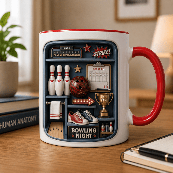 Bowling Mug 3D Effect Bowling Gift for League Night, Strikes & Coffee