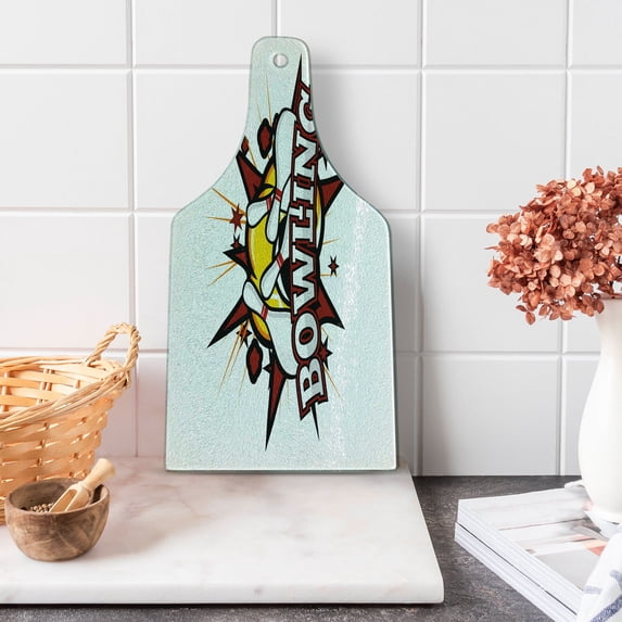 Bowling Party Cutting Board, Cartoon Comic Book Style Design Stars Retro Style with Crash Effects, Tempered Glass Cutting and Serving Board, Wine Bottle Shape, Ruby White Yellow, by Ambesonne