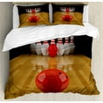 thumbnail image 1 of Bowling Party Duvet Cover Set, Alley with Red Skittle in Center Target Score Winning Competition, Decorative 3 Piece Bedding Set with 2 Pillow Shams, Queen Size, Pale Brown Red White, by Ambesonne, 1 of 3