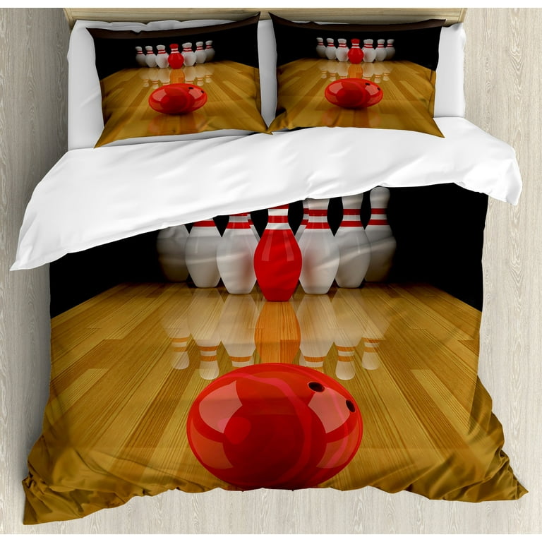 Bowling Party Duvet Cover Set Alley with Red Skittle in Center