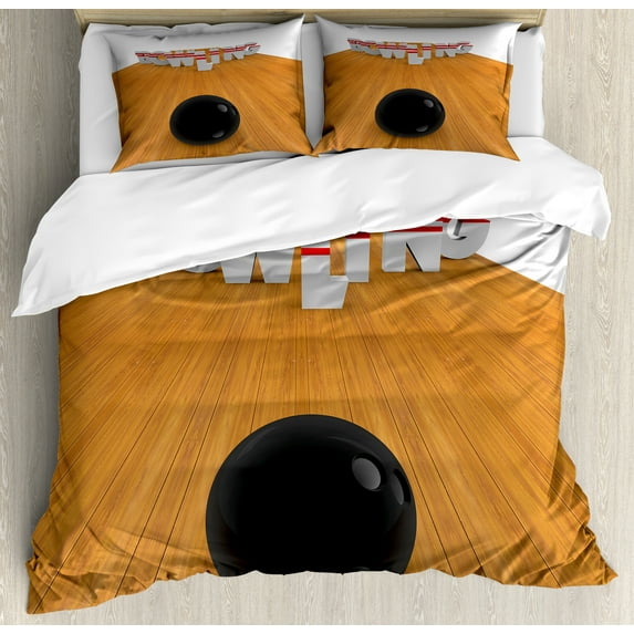Bowling Party Duvet Cover Set, Bowling Alley with Skittles and Ball in Position Hobby Print, Decorative 3 Piece Bedding Set with 2 Pillow Shams, King Size, Pale Brown Black White, by Ambesonne