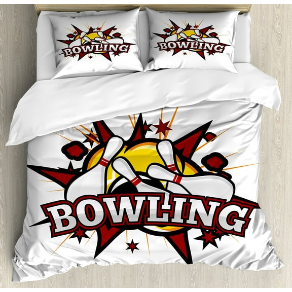 Bowling Party Duvet Cover Set, Cartoon Comic Book Style Design Stars Retro Style with Crash Effects, Decorative 3 Piece Bedding Set with 2 Pillow Shams, Calking Size, Ruby White Yellow, by Ambesonne