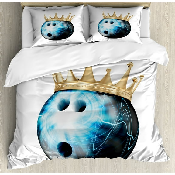 Bowling Party Duvet Cover Set, Crown on Ball Bowling King Champion Victory Theme Print, Decorative 3 Piece Bedding Set with 2 Pillow Shams, Calking Size, Sky Blue Black Beige, by Ambesonne