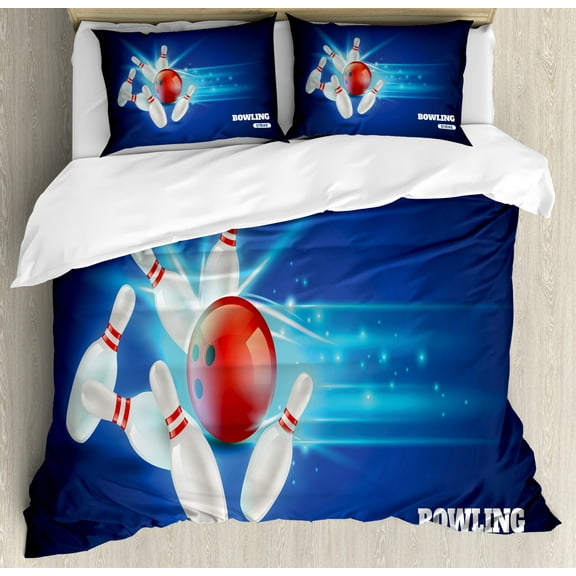 Bowling Party Duvet Cover Set Queen Size, Bowling Strike Image Red Ball and Classical Pins in Vivid Composition, Decorative 3 Piece Bedding Set with 2 Pillow Shams, Red Aqua Blue, by Ambesonne
